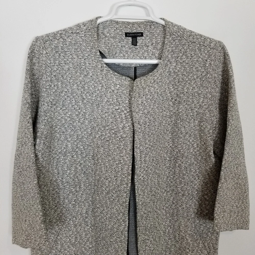 Eileen Fisher Marled Gray Textured Woven Cotton Blend Swing Coat Sz L Classic‎